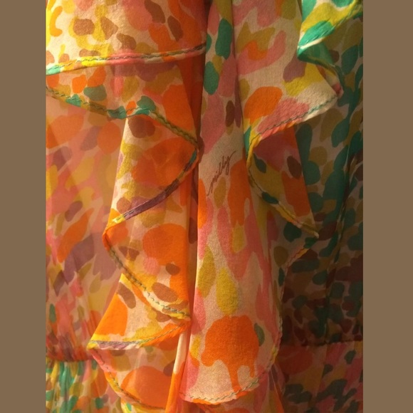 Original MILLY New York Silk Ruffle Blouse Colorful Peplum Top Shirt Pink Orange - Picture 6 of 10